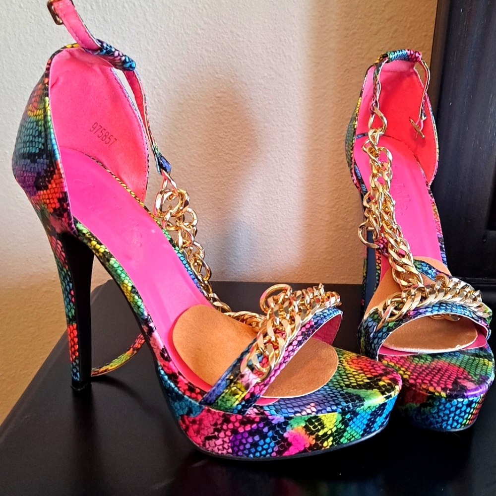 Multi-color Heels with Gold Chain